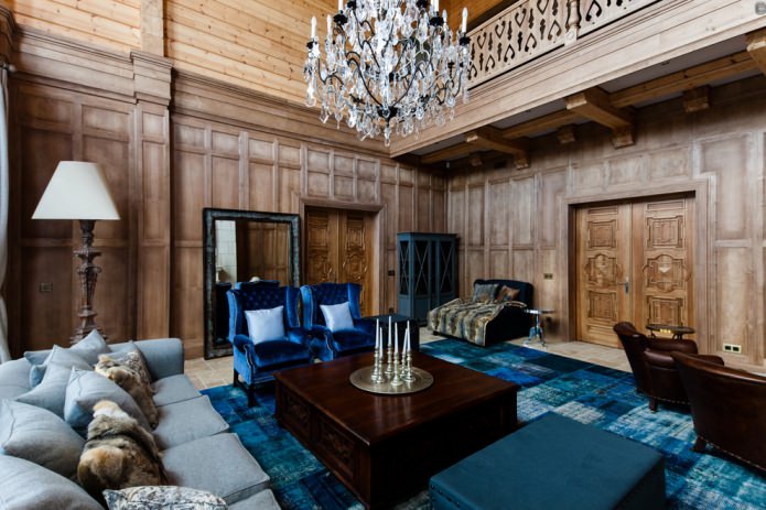obývacia izba s dreveným obkladom