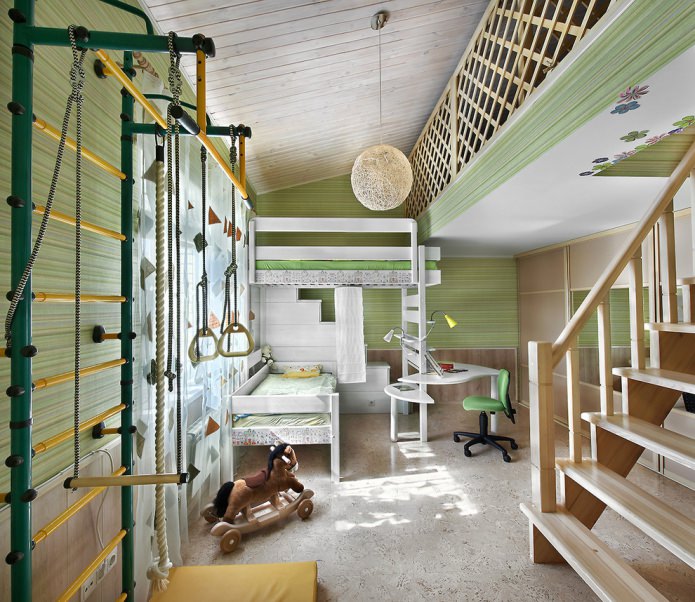таванска детска стая в зелени тонове