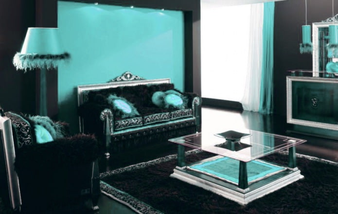 Černý a tyrkysový obývací pokoj
