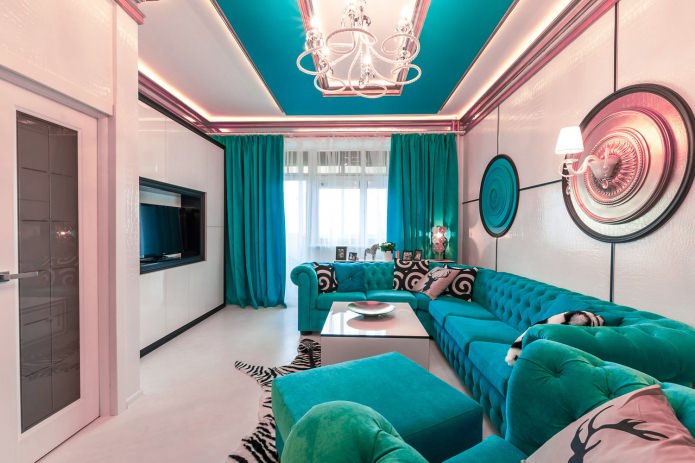 Tyrkysově růžový obývací pokoj