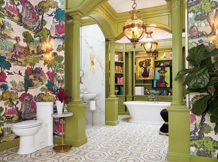 žalių tonų vonios kambarys