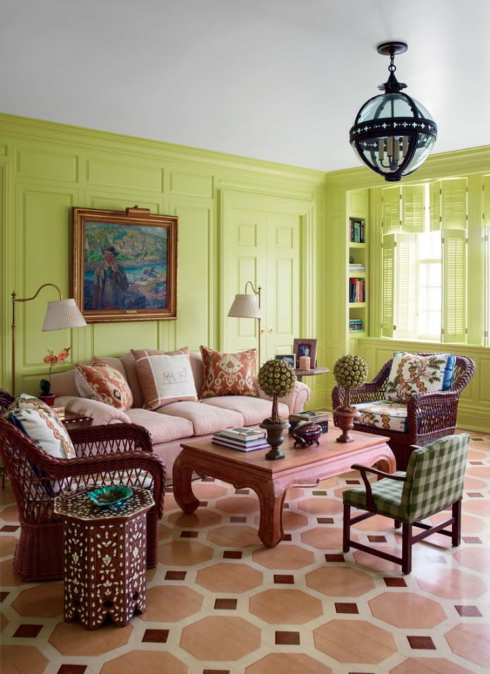 obývací pokoj se zelenými stěnami
