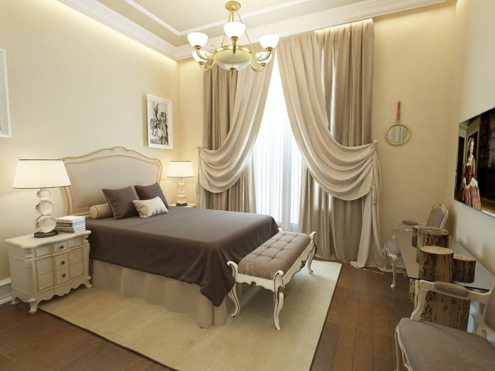 béžová spálňa s hnedým prehozom na posteľ
