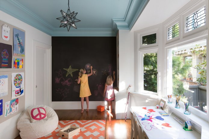 vybledlý modrý strop v dětském pokoji