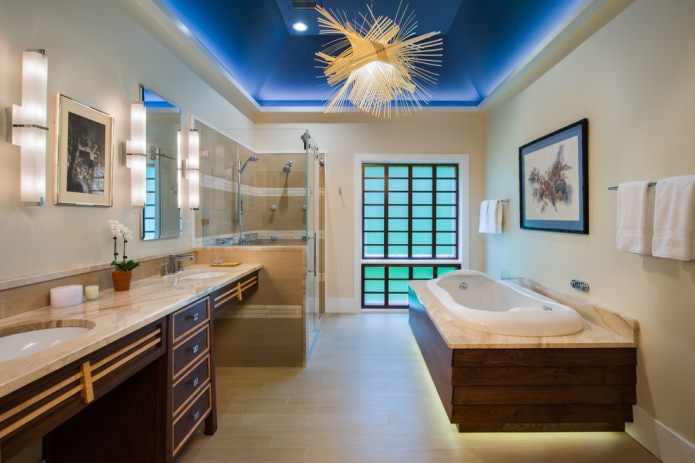 vonios kambarys su mėlynomis lubomis