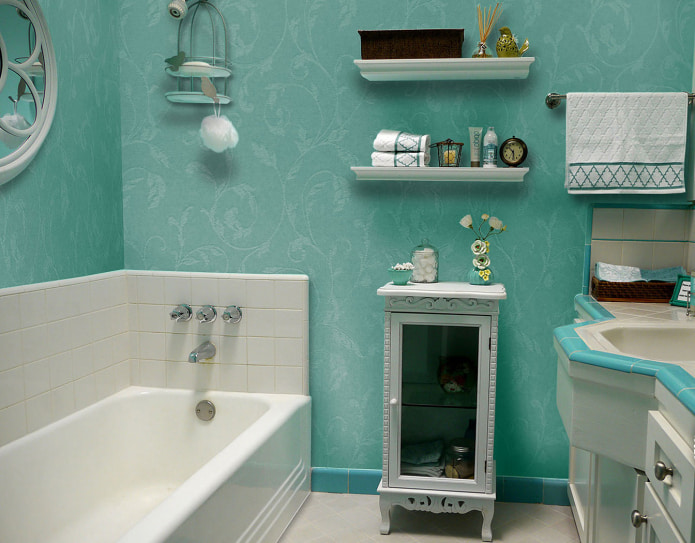 phòng tắm với giấy dán tường vải thủy tinh màu ngọc lam