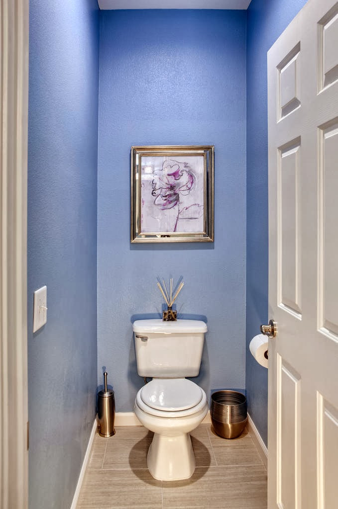 carta da parati blu nella toilette