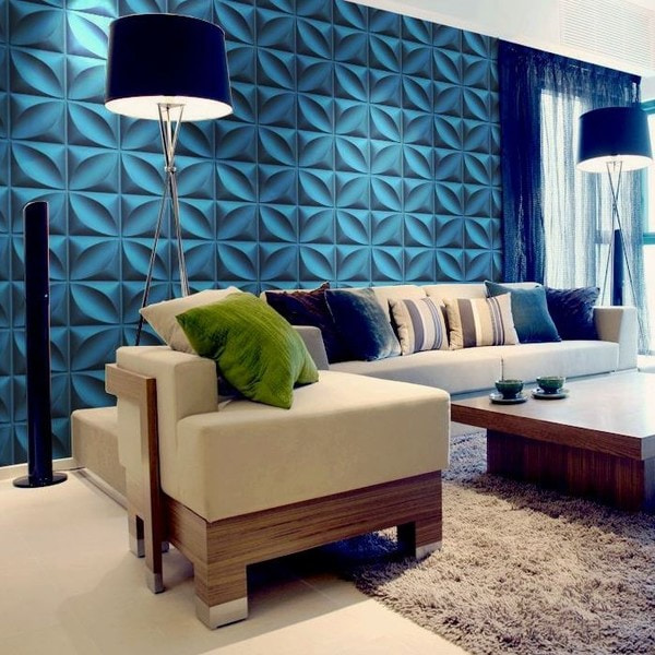 غرفة معيشة مع ورق حائط ثلاثي الأبعاد حديث