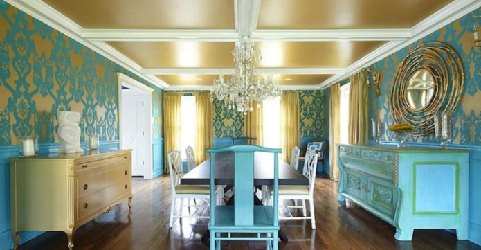 een combinatie van turquoise en gouden tinten in het slaapkamerinterieur