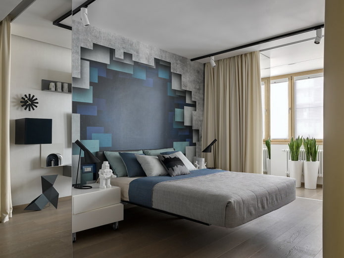 makuuhuone moderniin tyyliin, seinän koristelu ja taustakuva