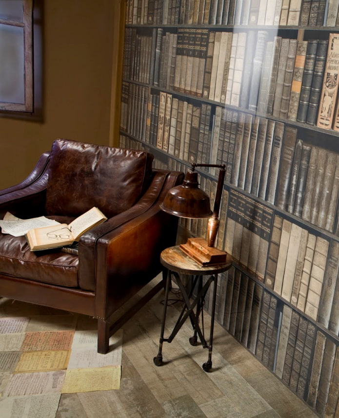 behang met boeken op de planken in het interieur
