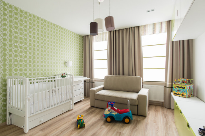 Zelená tapeta v dětském pokoji pro novorozence
