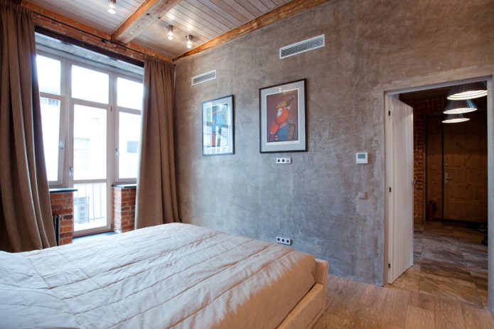 zasłony matujące w sypialni w stylu loft