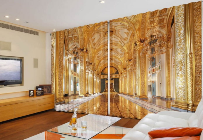 długie zasłony 3D przedstawiające pałacowe wnętrze
