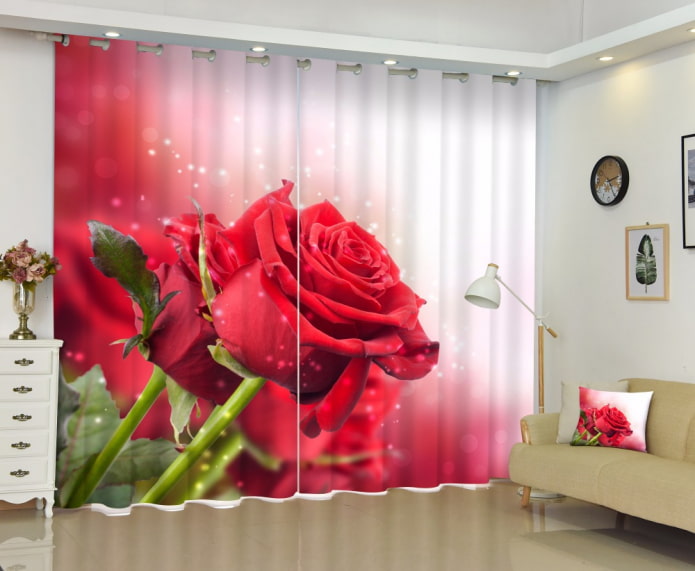 3D gordijnen met een afbeelding van een roos