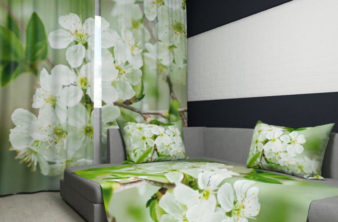 rideaux photo avec l'image d'un pommier en fleurs