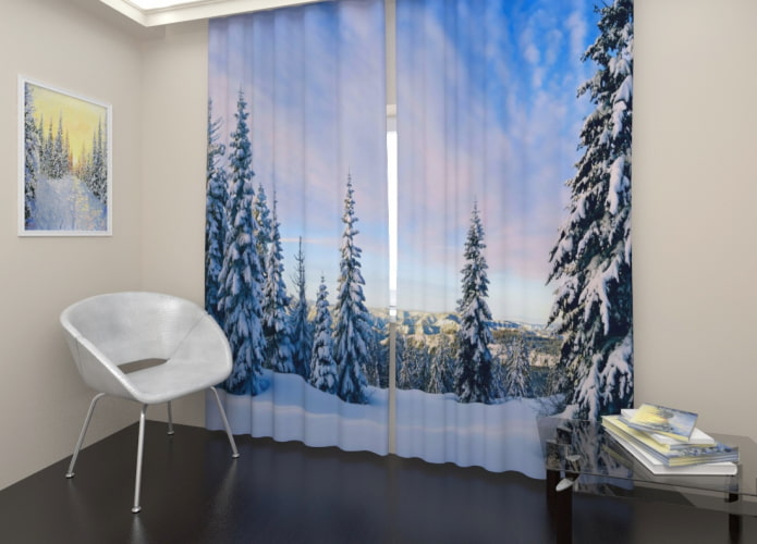 longs rideaux 3D avec l'image de la forêt