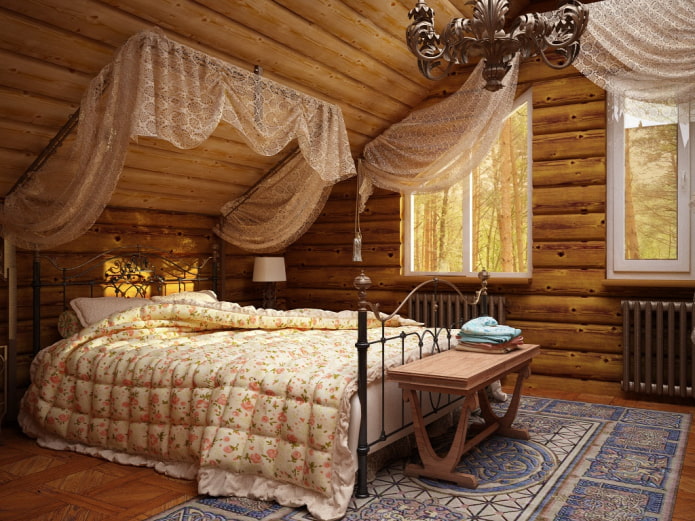 lambrequins i soveværelset i landlig stil