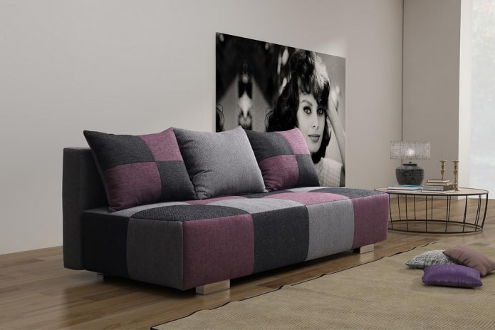 szara fioletowa sofa