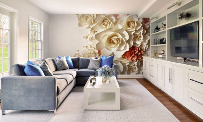 papier peint 3d avec des fleurs à l'intérieur du salon