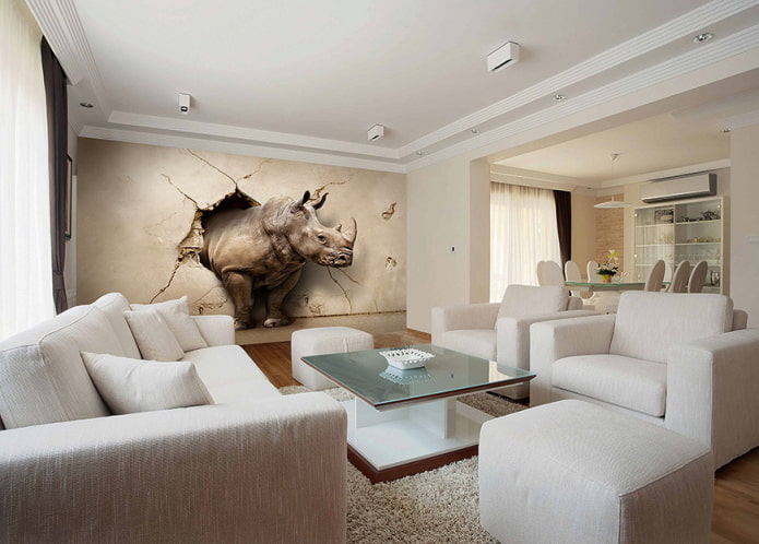 Hình nền 3d với một con tê giác trong nội thất của phòng khách