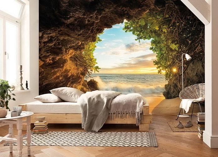 Giấy dán tường 3d mô tả thiên nhiên trong phòng ngủ