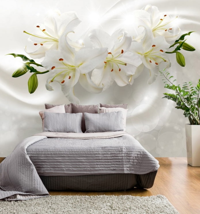 3D tapetai su gėlėmis miegamojo interjere