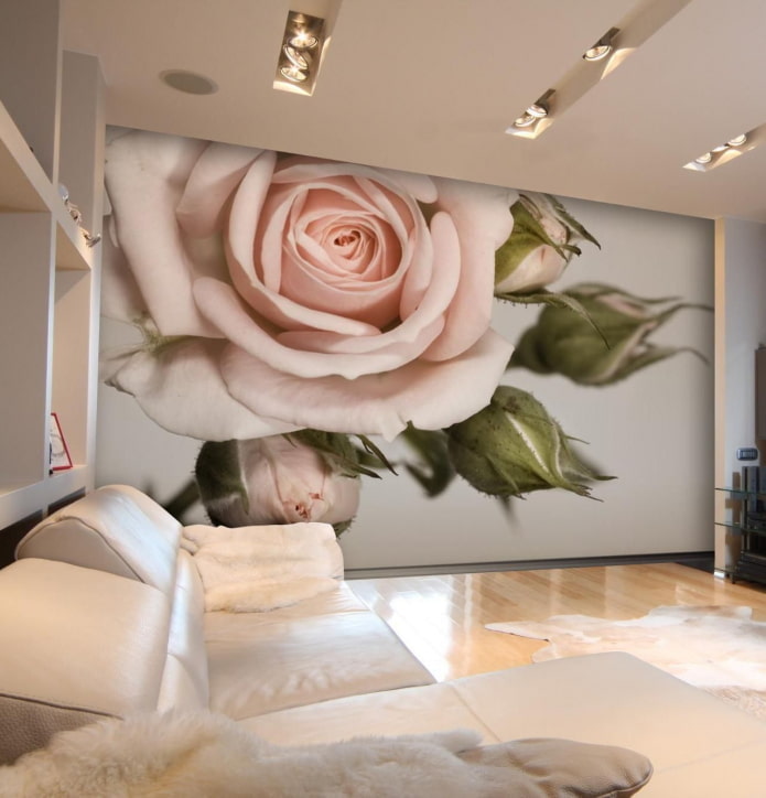ورق حائط ثلاثي الأبعاد مزين بالورود في داخل غرفة المعيشة