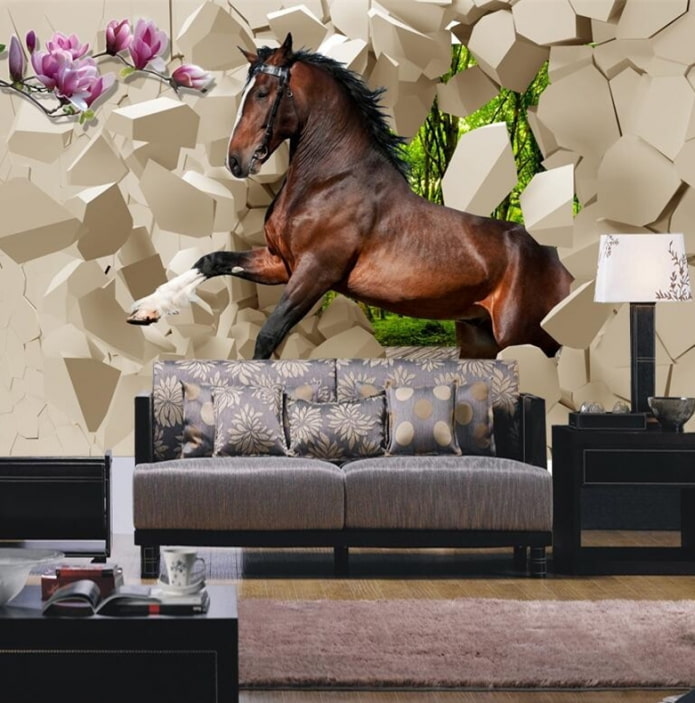 Hình nền 3d với một con ngựa trong nội thất của phòng khách
