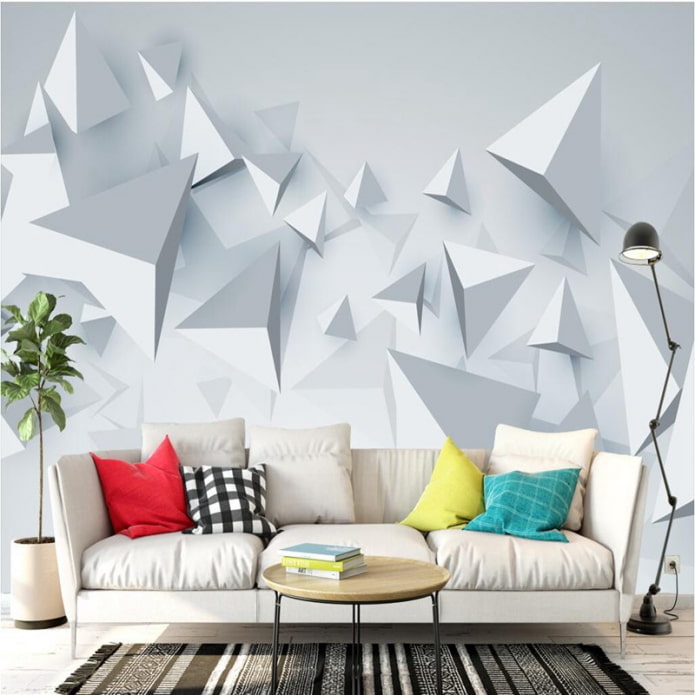 Kertas dinding 3d dengan geometri di bahagian dalam ruang tamu