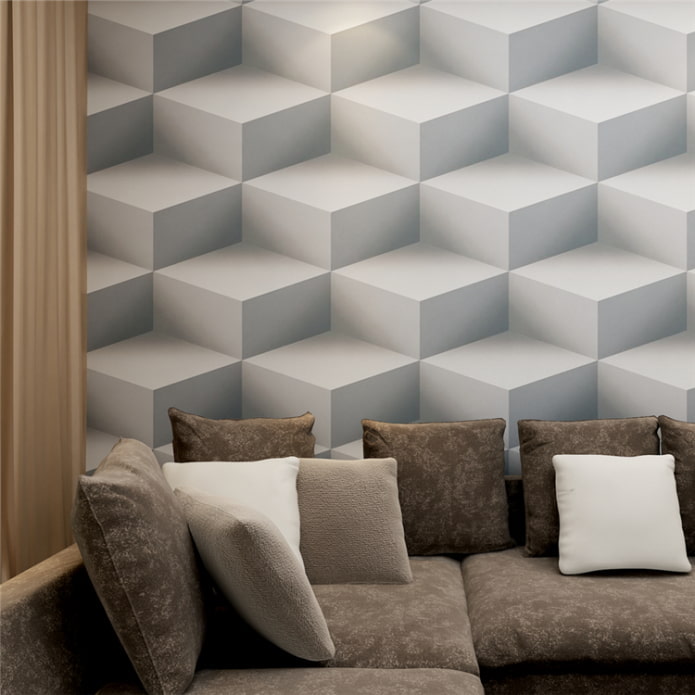 Kertas dinding 3d dengan geometri di bahagian dalam ruang tamu