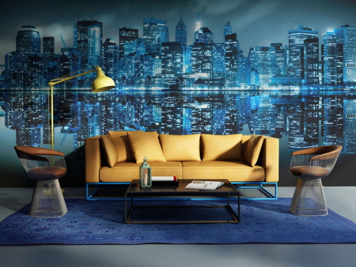 3D tapety zobrazující město v obývacím pokoji