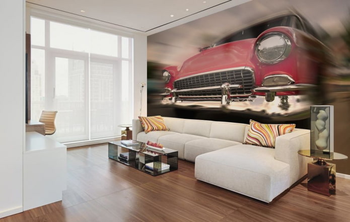 ورق حائط ثلاثي الابعاد مع سيارة في غرفة المعيشة