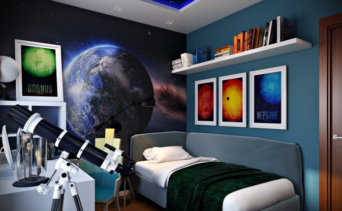 3D тапет, изобразяващ пространство в стая на тийнейджър