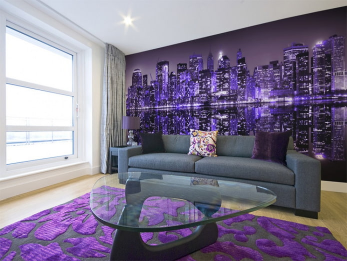 papier peint violet avec l'image de la ville à l'intérieur