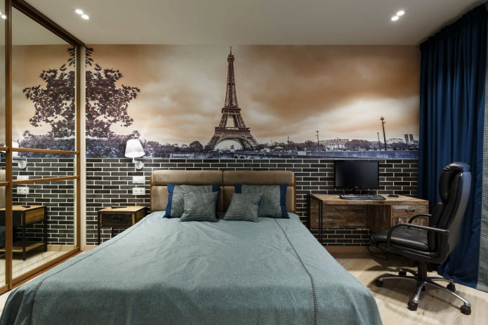 giấy dán tường mô tả thành phố trong nội thất phòng ngủ