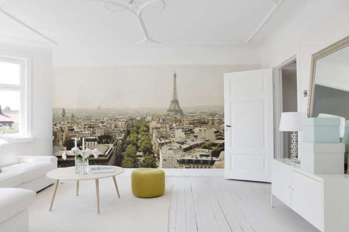 fototapetes ar Parīzes attēlu viesistabas interjerā
