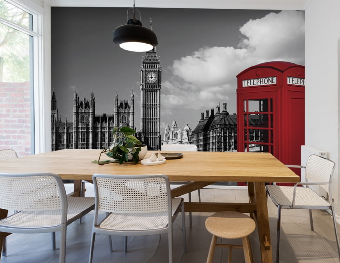 fotomurāli, kas ēdamistabas interjerā attēlo Londonu