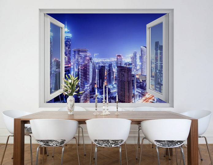 טפט תמונות עם נוף מהחלון על העיר בחדר האוכל