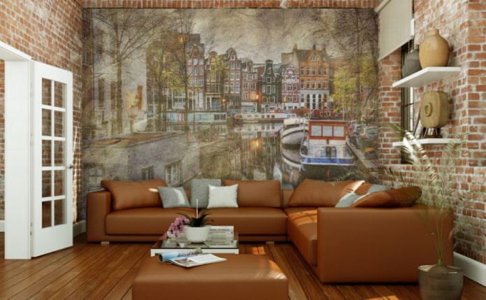 fotomurál s obrazem Amsterdamu v obývacím pokoji
