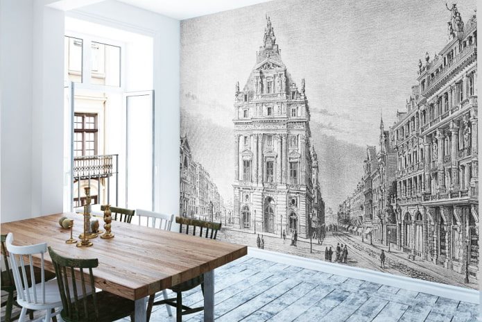 giấy dán tường với hình ảnh của thành phố cổ trong nhà bếp