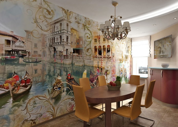 valokuvan taustakuva, jossa on Venetsian kuva keittiön sisustuksessa
