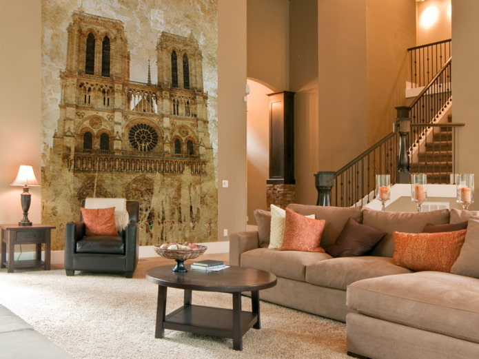 oturma odasının iç kısmında Notre Dame de Paris görüntüsü ile fotoğraf duvar kağıdı