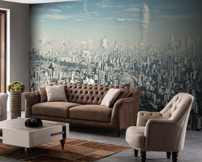 fotografická tapeta s obrazem futuristického města v interiéru