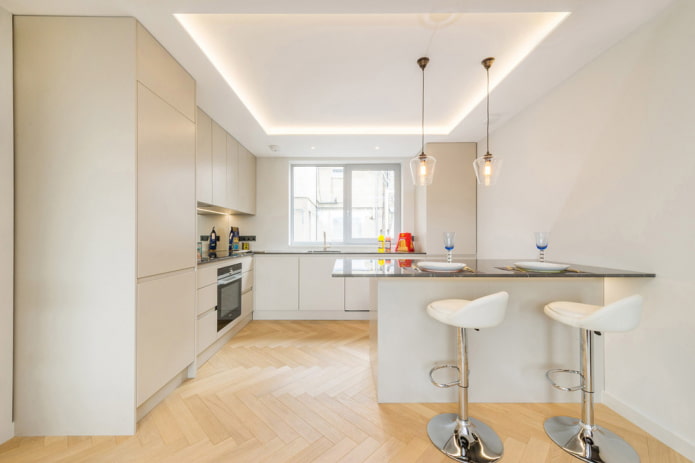 reka bentuk dua tingkat dengan pencahayaan di dapur