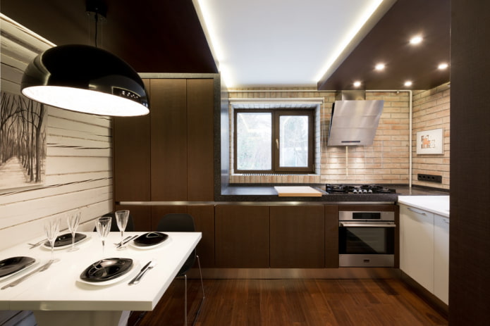 дизайн на две нива с осветление в кухнята