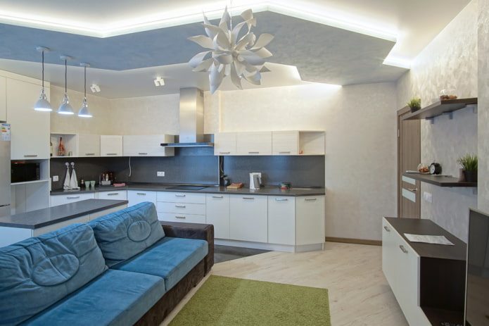 dvouúrovňový design v interiéru kuchyně a obývacího pokoje