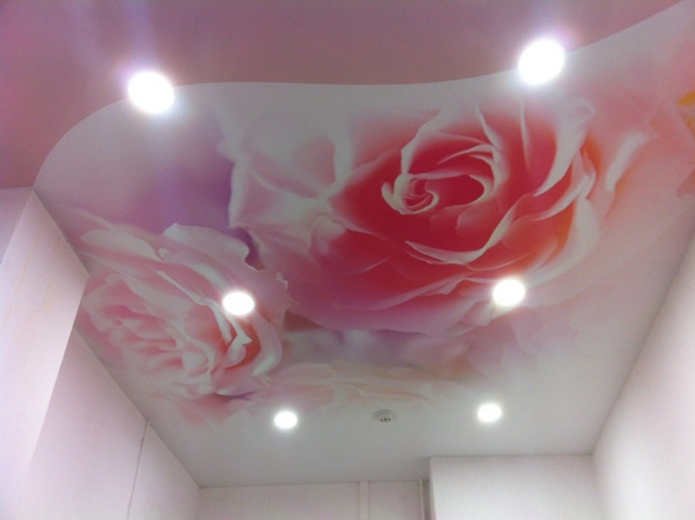 rožinių lubų dizainas su nuotraukų spausdinimu