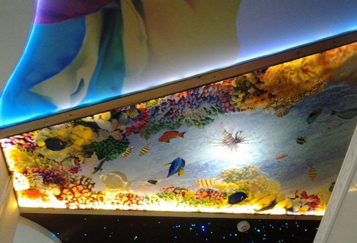 strop s 3D tlačou fotografií napodobňujúcou akvárium