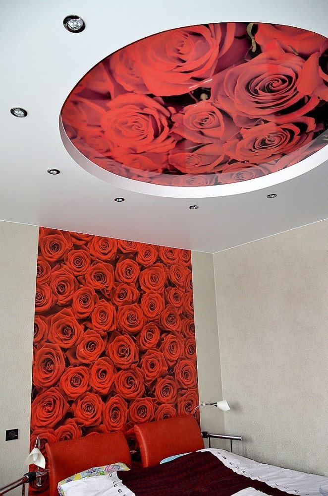 plafond avec une photo de roses dans la chambre